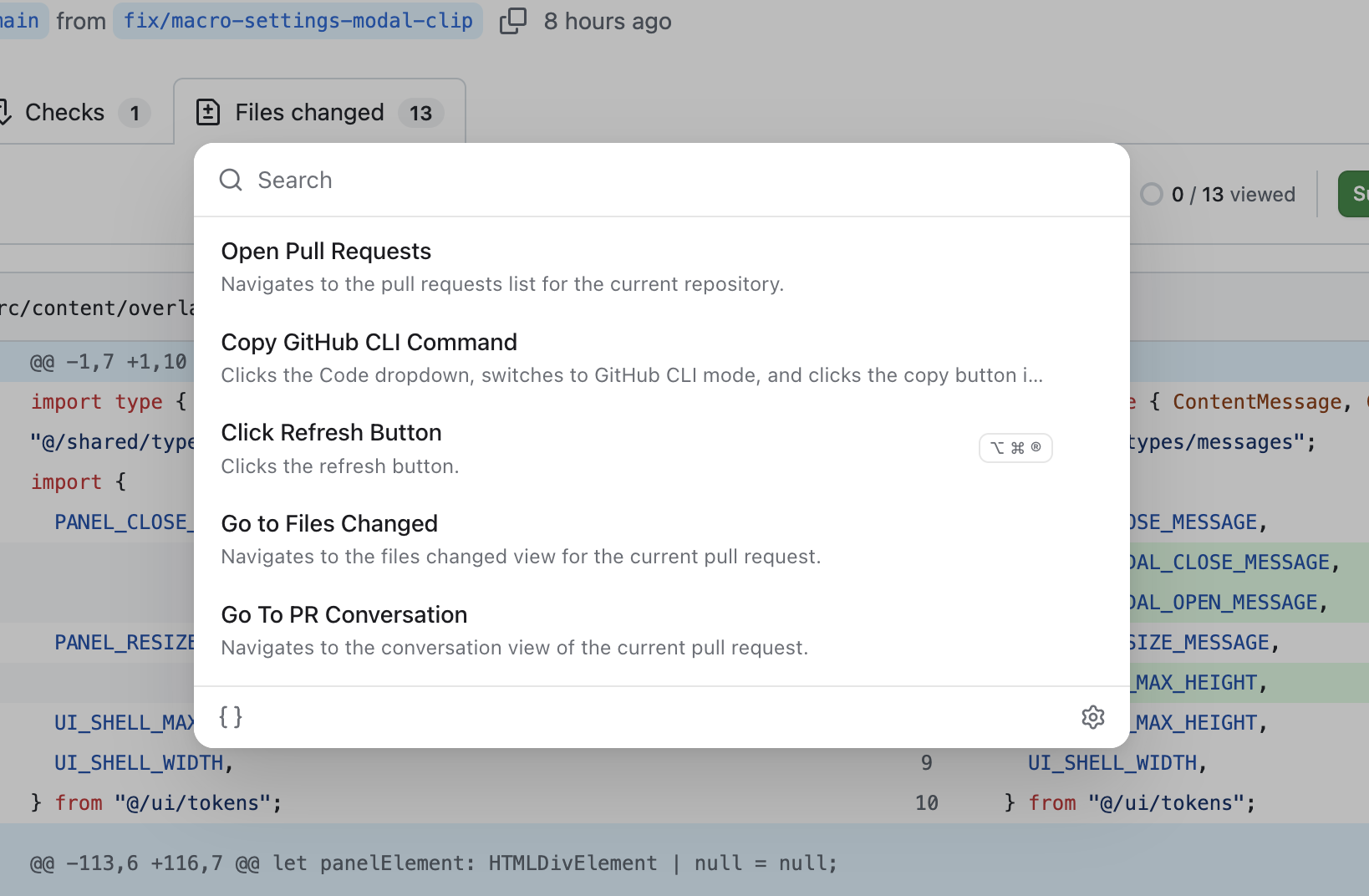 Overline command palette on a GitHub pull request