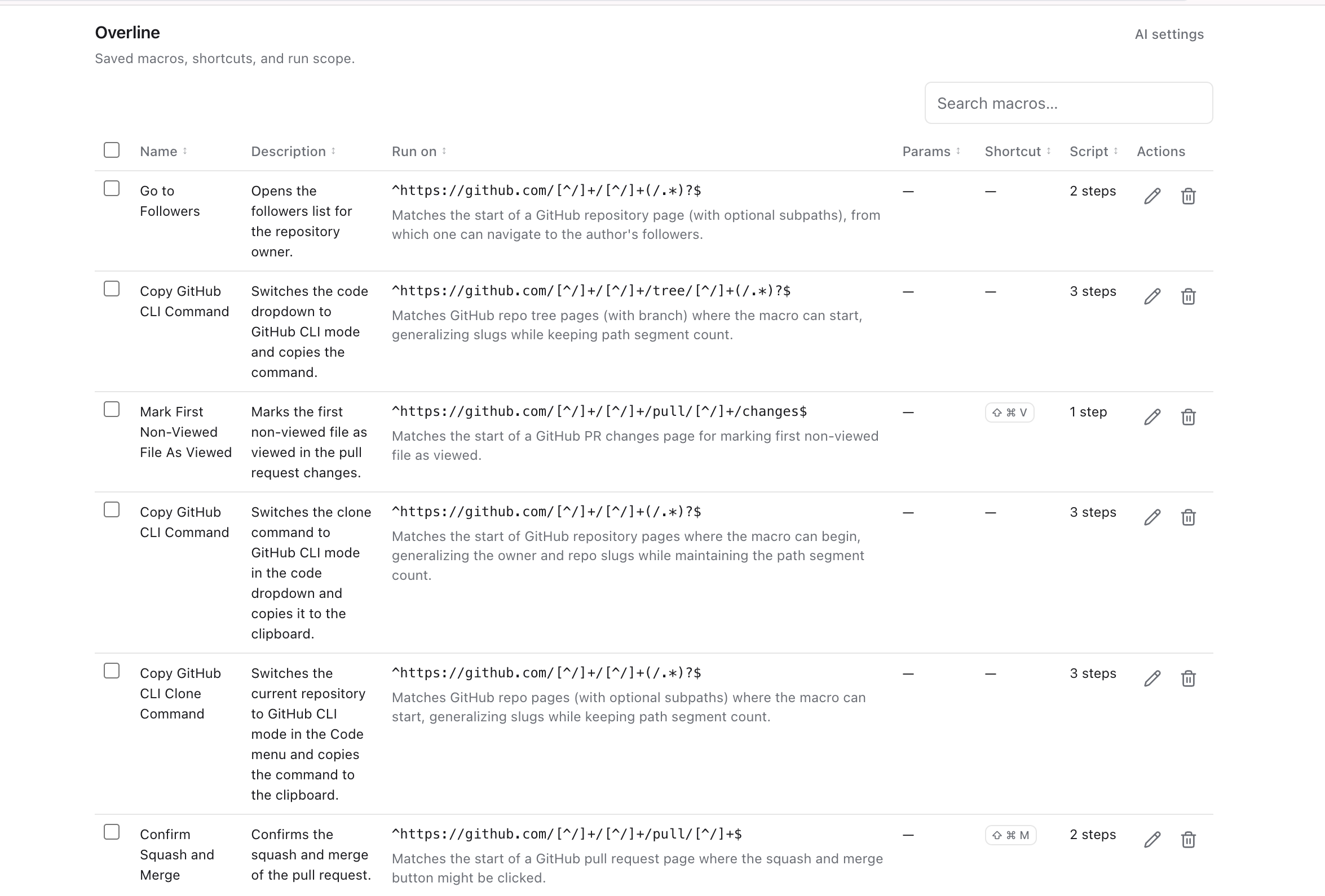Overline options page listing saved macros